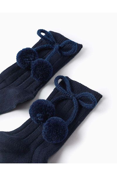 Ziddy High Socks with Pompons for Baby Girls, Dark Blue