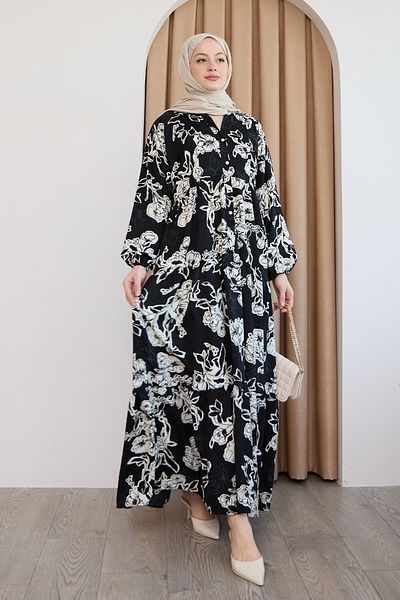 InStyle Μαύρο φόρεμα με σχέδιο Aresya Flower
