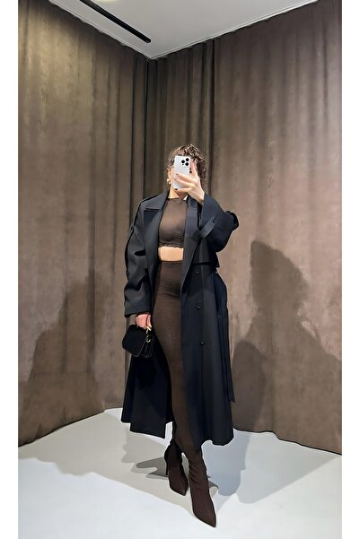 butikvemoda Premium Kuşaklı Siyah Trençkot
