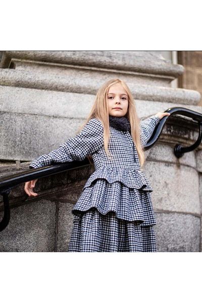 Hilal Akıncı Kids Girl's Fur Collar Houndstooth Patterned Long Sleeve Layered Dress