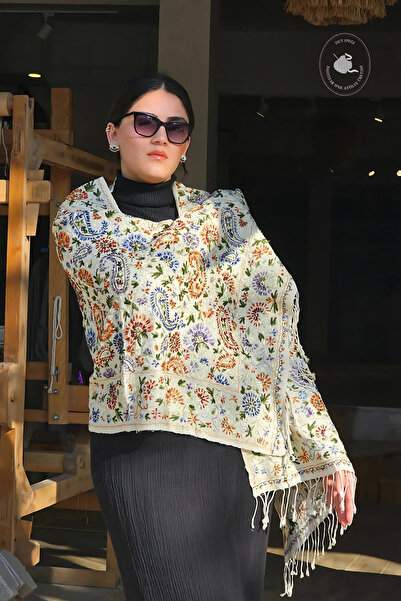 Bahtiyar İpek Kaşmir İpek Boncuk İşleme Omuz Şalı Ranır