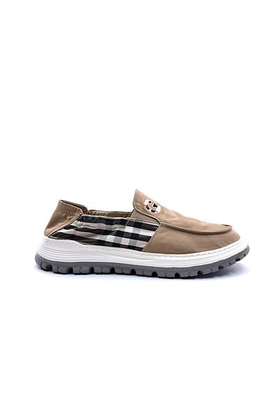 Guja Ανδρικά λινά παπούτσια Camel Beige χωρίς κορδόνια με καρό λεπτομέρεια