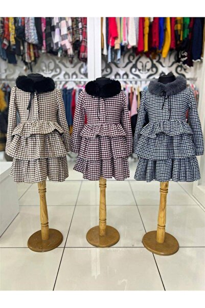 Hilal Akıncı Kids Kız Çocuk Yakası Kürklü Kazayağı Desenli Uzun Kollu Kat Kat Elbise