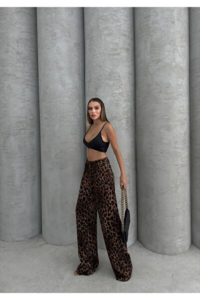 Green'DAL Kadın Leopar Desenli Geniş Paça Lıkralı Bel Lastikli Palazzo Pantolon