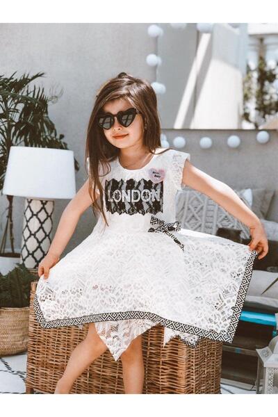 Hilal Akıncı Kids Κοριτσίστικο φόρεμα με ασύμμετρη ρίγα λευκό δαντέλα