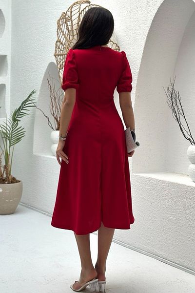 Ded COLLECTION Rochie de damă cu mânecă scurtă, cu fundă cu ac, cu tăietură în talie, lungime midi, creponată
