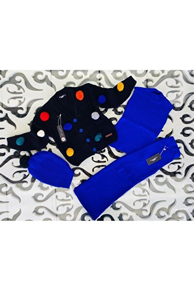 Hilal Akıncı Kids سترة تريكو سوداء للفتيات مع بوم بوم بدون أكمام وسروال تريكو...