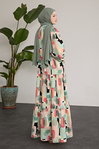 InStyle Oval Geometric Patterned Patchwork Green Dress