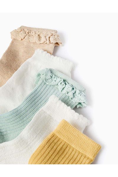 Ziddy Pack of 5 Pairs of Socks for Baby Girls, Yellow/White/Beige/Green