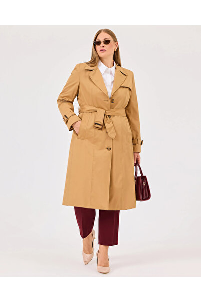 Gala-Xi Büyük Beden Düğmeli Camel Kadın Trençkot 10002422114002