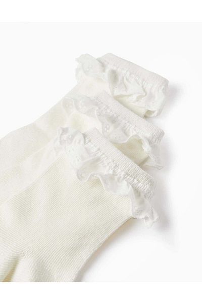Ziddy Pack of 3 Pairs of Socks with Broderie Anglaise for Girls, White
