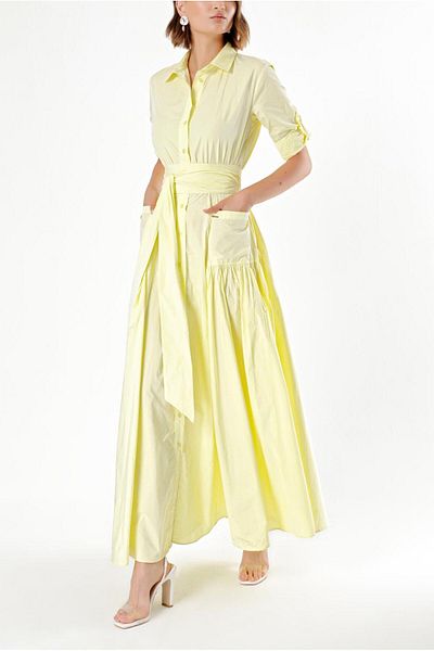 SOCIETA Light Yellow Long Taffeta Shirt Dress - Gathered 94198