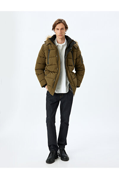 Koton Slim Fit Puffer Jacket - Faux Fur Hooded Label Detailed Zippered