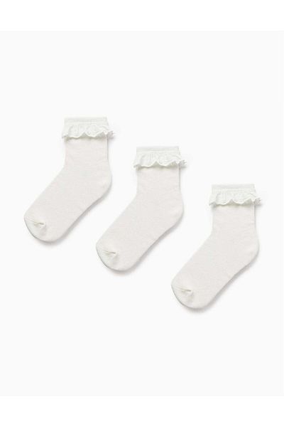 Ziddy Pack of 3 Pairs of Socks with Broderie Anglaise for Girls, White