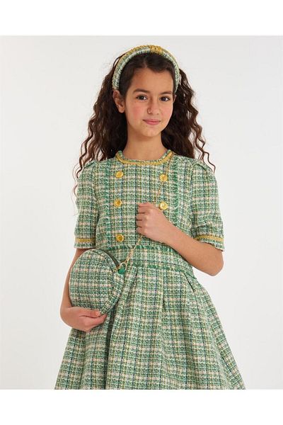 Hilal Akıncı Kids Κορίτσια Chanel υφασμάτινη φούστα με χρυσά κουμπιά με επένδυση μέσα από Tutu φόρεμα τσάντα στέμμα μαλλιών Σετ 3 τεμαχίων