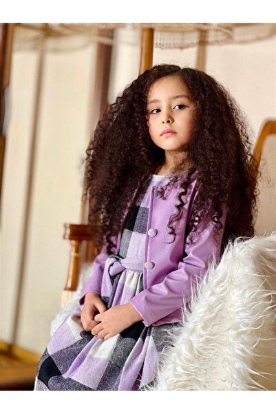 Hilal Akıncı Kids Kız Çocuk Deri Ceket Oduncu Kumaş Elbise 2'li Takım