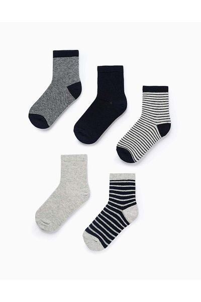 Ziddy Pack of 5 Pairs of Socks for Boys 'Stripes', Dark Blue/Grey