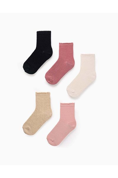 Ziddy Pack of 5 Pairs of Socks for Girls, Pink/Beige/Blue