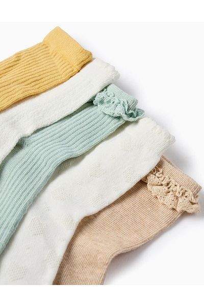 Ziddy Pack of 5 Pairs of Socks for Girls, Yellow/White/Beige/Green