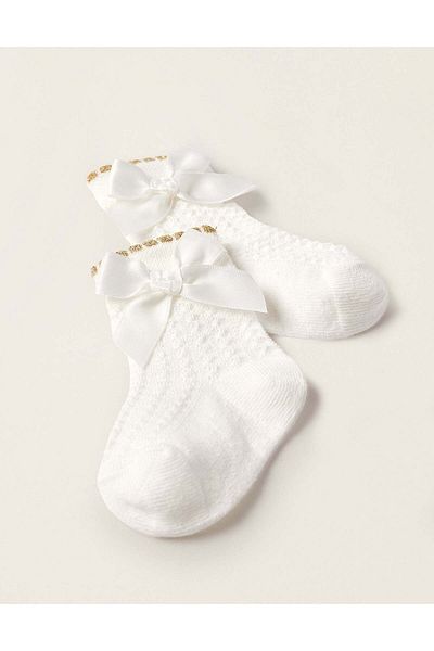 Ziddy Textured Socks with Bow for Baby Girls, White/Gold