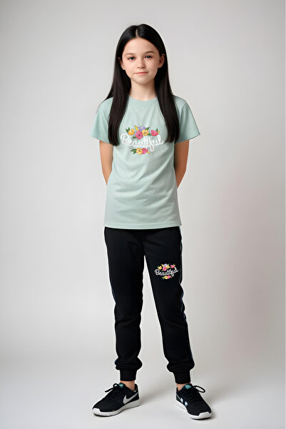 FYK COLLECTİON Roses Beautiful Printed Girl's Short Sleeve T-Shirt and Sweatp...