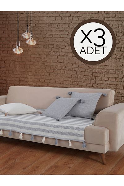 Lux Touch Liva Gray Pompom 3 Seat Covers - 115X200 cm Sofa Divan Sofa Bed Armchair