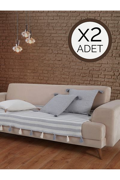 Lux Touch Liva Gray Pompom Seat Cover - 2 Pieces 115X200 cm Sofa Divan Sofa Bed Armchair Tufted