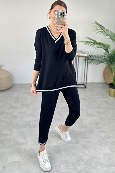 CyRo Black V-Neck Ribbed Double Suit