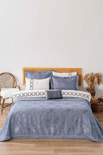Rivaİstanbul Asian Blue Embroidered Double Duvet Cover Pique Set - 8 Piece Dowry Set