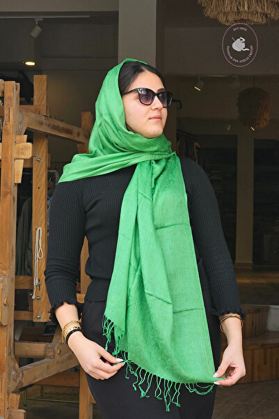 Bahtiyar İpek Yeşil Kendinden Desenli İpek Şal