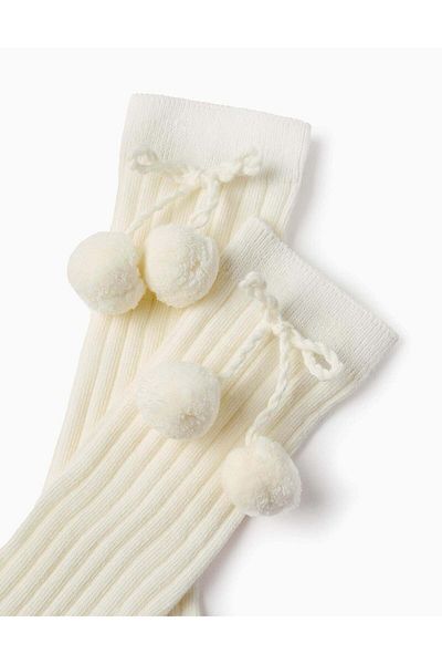 Ziddy High Socks with Pompons for Girls, White