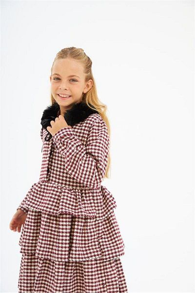 Hilal Akıncı Kids Rochie pliată cu mânecă lungă, guler de blană, imprimeu din picior de gală