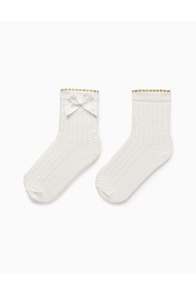 Ziddy Textured Socks with Bow for Girls, White/Gold