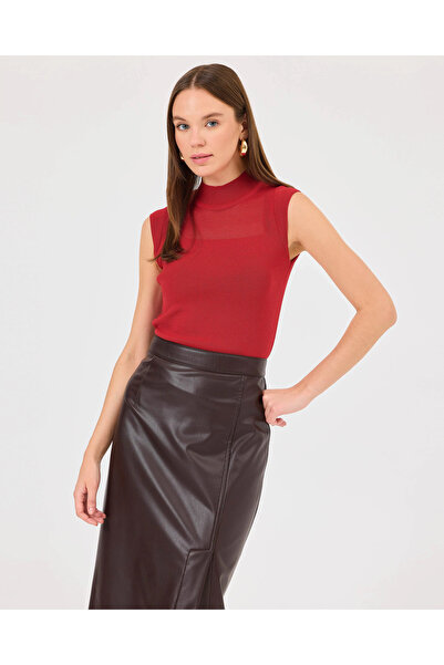 SEÇİL Transparan Detaylı Dik Yaka Triko Bluz