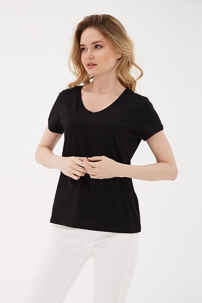 Fashion Friends Tricou negru 100% bumbac cu decolteu în V
