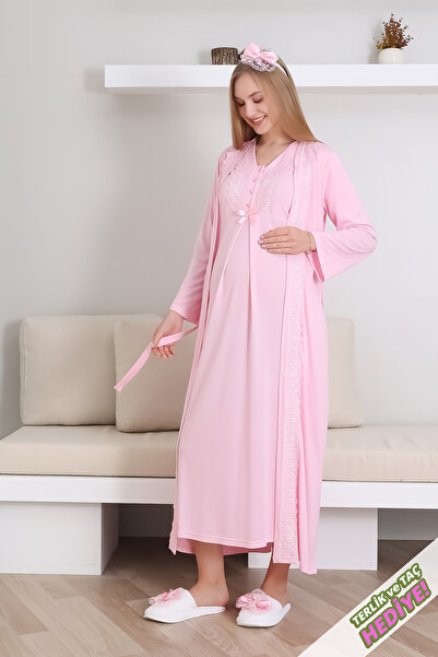 ERDENİZ TEKSTİL Hamile Gecelik Takımı Sabahlıklı V yakalı Dantel Detaylı 2'li...