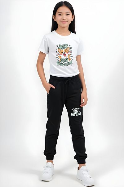 FYK COLLECTİON Pawsitive Printed Girls Short Sleeve T-Shirt and Sweatpants Set