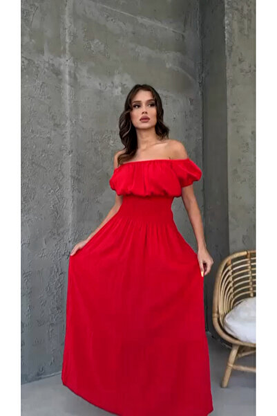 Fibula Madonya yaka gipeli kısa kol poplin maksi  standart beden  elbise