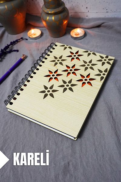 markcat Floral Patterned Wooden Cover Notebook - Checkered Notebook - Agenda - School Notebook (A5 - 120 Sheets)