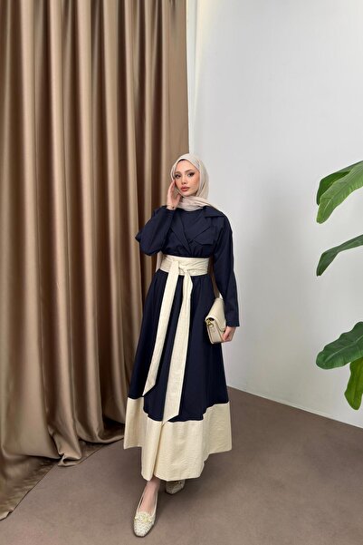 QUQA Kruvaze Yaka Garnili Elbise - Lacivert