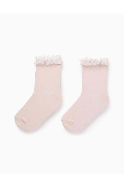 Ziddy Socks with Tulle Ruffles for Girls, Pink