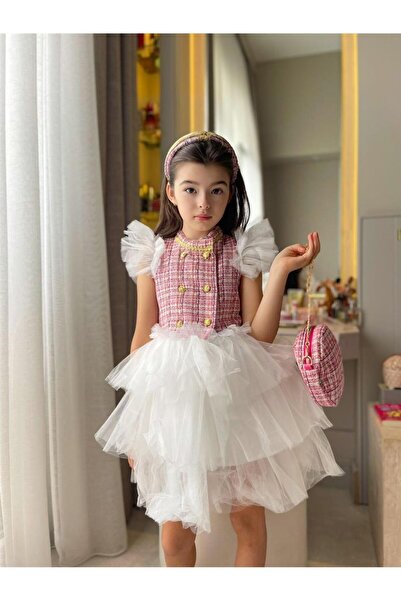 Hilal Akıncı Kids Kız Çocuk Kumaş Tütü Etek Ve Tütü Kollu Kabarık Elbise Saç Tacı Çanta 3'lü Takım