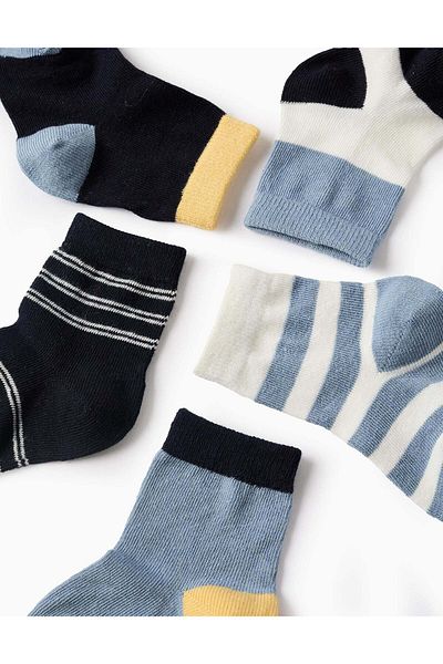 Ziddy Pack of 5 Pairs of Socks for Baby Boys 'Stripes', Blue/White/Yellow