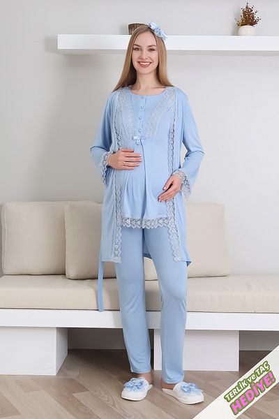ERDENİZ TEKSTİL Set pijamale de maternitate - dungi din dantela cu nasturi potrivite pentru alaptare/hijab - cu papuci si cadou coroana
