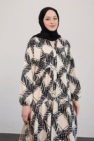 InStyle Striped Square Patterned Ecru Dress