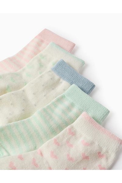 Ziddy Pack of 5 Pairs of Socks for Baby Girls 'Stripes, Hearts & Polka Dots', White