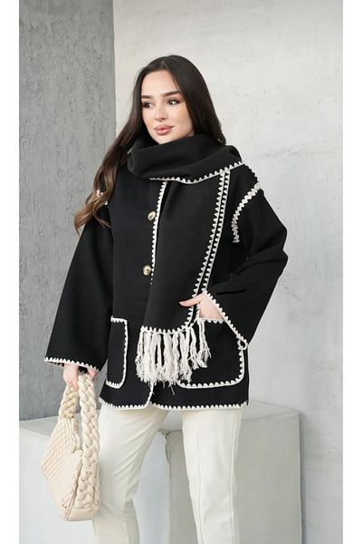 Famel Butik Embroidery Detailed Scarf Soft Stitch Cardigan Jacket Black