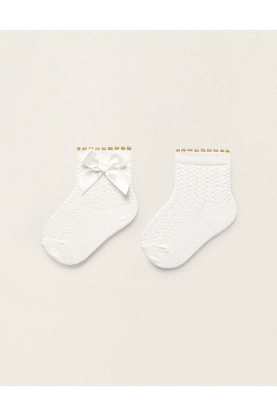 Ziddy Textured Socks with Bow for Baby Girls, White/Gold