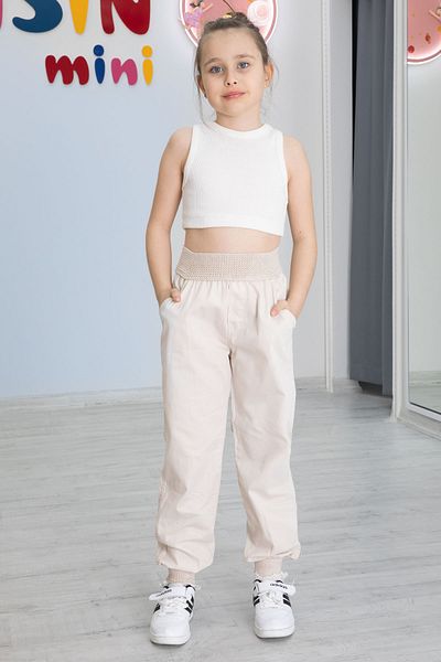Cansın Mini Cream Waist and Leg Ribbed Girl's Trousers 20477