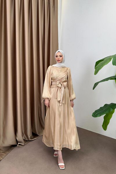 QUQA Asymmetrical Tie Satin Dress - Beige